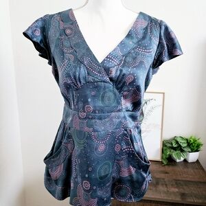 Marc Jacobs 100% Silk V-Neck Floral Shape Prints Flutter Sleeves Blouse Medium